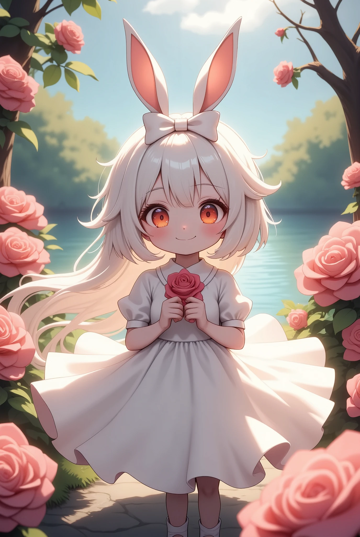 solo,1girl\(chibi,cute,kawaii,white hair,long hair,bangs,ear\(fluffy,white,rabbit-ear\),red eye,big eye,beautiful shiny eye,skin color white,big hairbow,white frilled dress,breast,cute pose,full body\),background\(some roses,by the beautiful lake,beautiful sunny day\),dynamic camera work,landscape