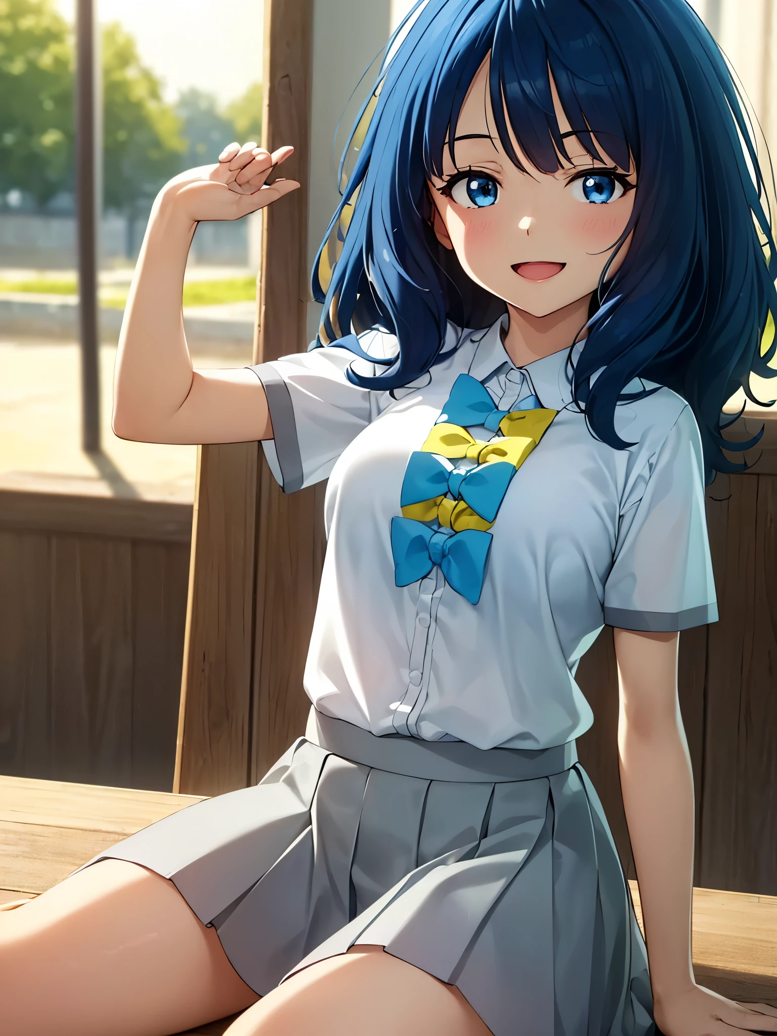 AnnaSchool, collared shirt, white shirt, blue bowtie, yellow bowtie, short sleeves, pleated skirt, grey skirt, (best quality, masterpiece:1.2), 1girl, (((masterpiece))), looking at viewer, smile, , top-quality, top-quality, High Details, 1girl, illustratio, comic strip, soothing tones, Subdued Color, Soft cinematic light, adobe lightroom, photolab, HDR, intricately and hyper-detailed、(((depth of field, (((masterpiece)))。(((top-quality))).)((ultra-detailliert)))。(((illustratio)))。(((takeout))).(((Face of happy smile))), open mouth.(((up chest))).((morning glow)).((the setting sun)), solo, anime, anime screencap, ray tracing, ultra resolution image, vivid color, cinematic light, lens flare, light on face, glow eyes, depth of field, happy, detailed background, cute, straight-on, full body,