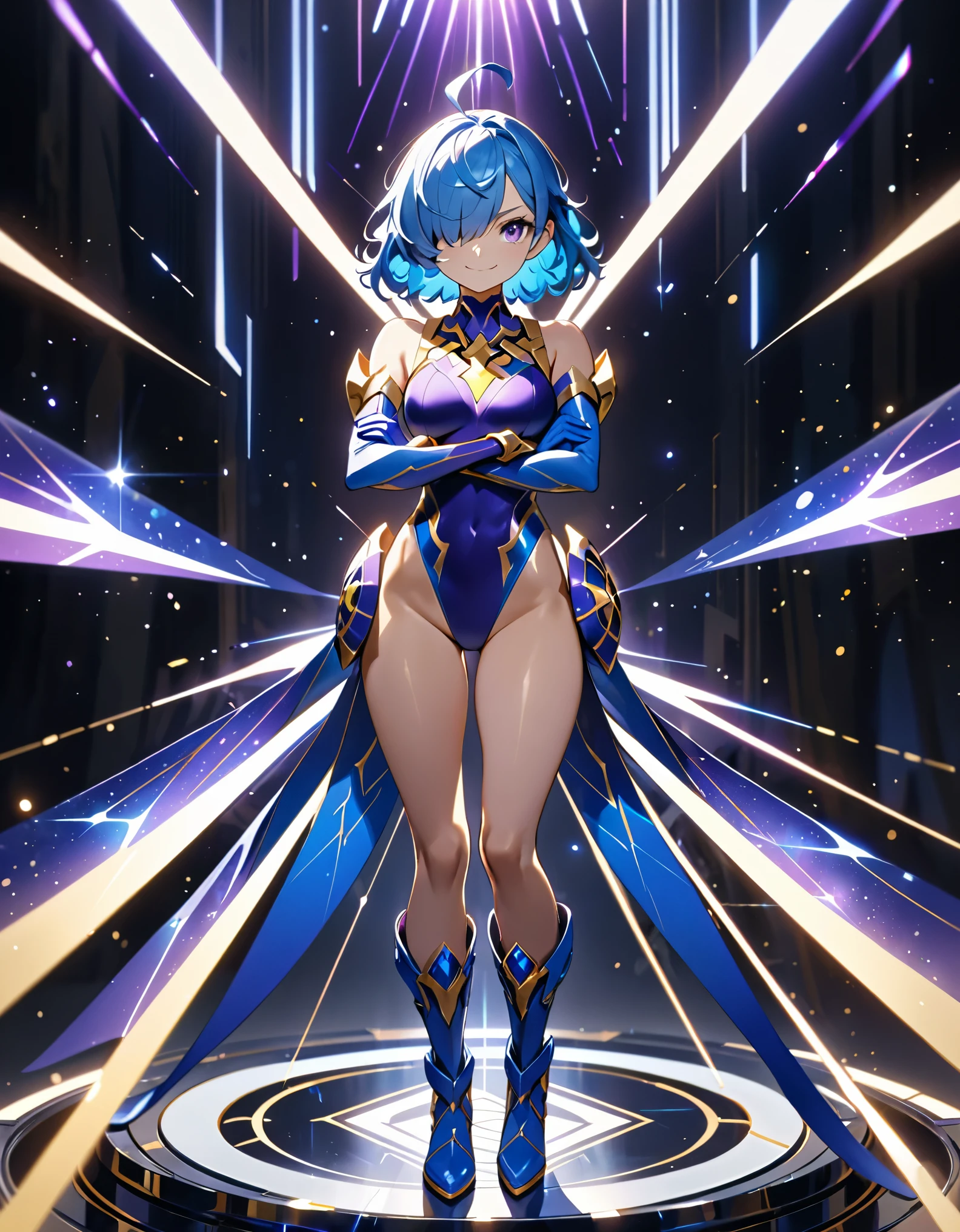 (masterpiece, best quality, high quality, highres:1.4), detailed, extremely detailed, ambient soft lighting, 4K, 1lady, solo, solo focus, beautiful french woman, perfect anatomy, medium breasts, (leotard, purple and blue leotard with white accents, bare legs), ((yellow scorpion (symbol) on chest)). boots, matching boots, (perfect hands:1.2), gloves, matching gloves, blue hair, medium hair, (hair over one eye:1.3), ahoge, purple eyes, beautiful detailed eyes, beautiful detailed face, full body. (legs straight). standing straight. v-shaped eyebrows, smile, energy ball on hand, outer space backdrop, (power, aura, blue aura), energy pulse, diffraction spikes, light particles, time warp, ripples. full body costume design.
