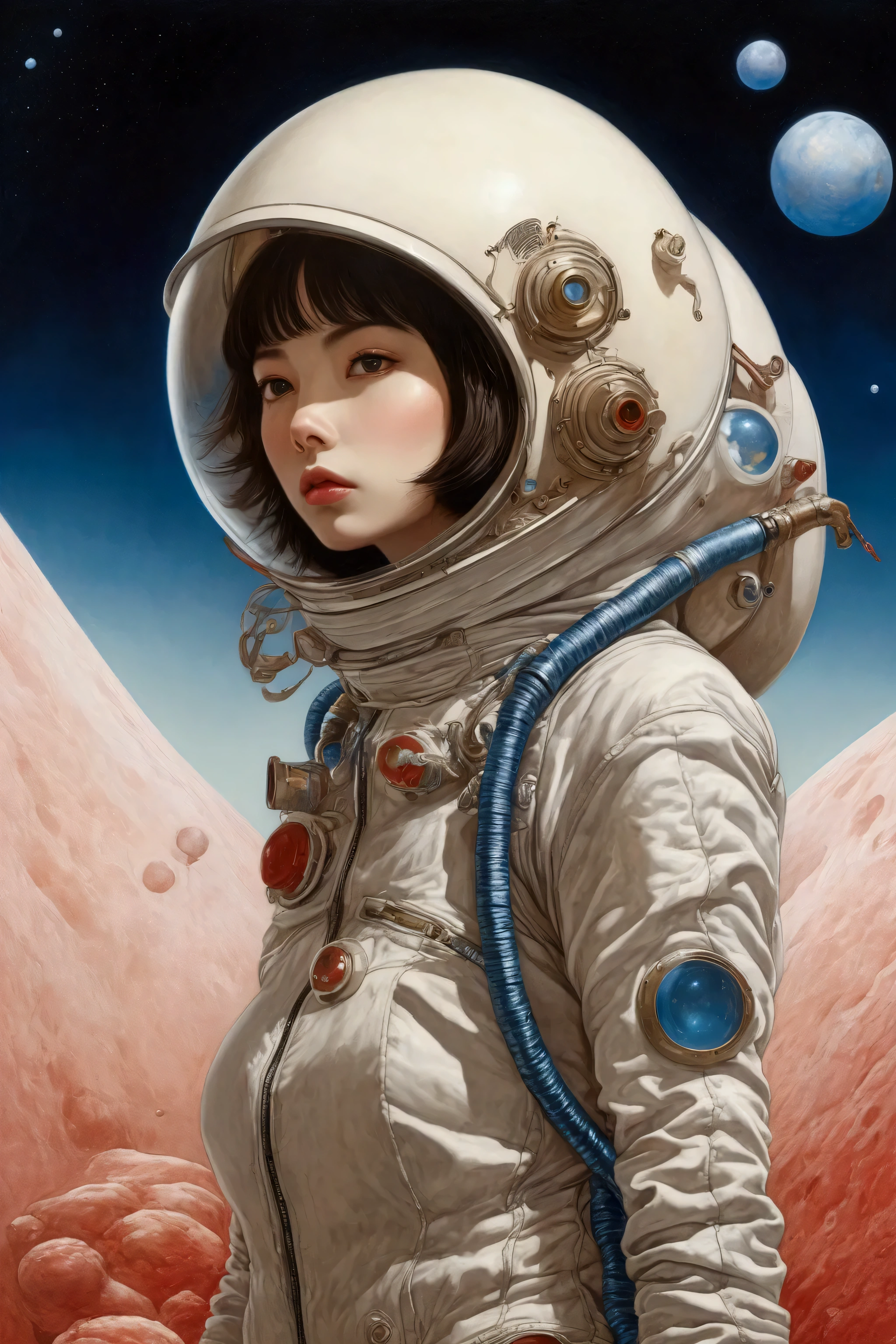 Luciano Lozano, Richard Doyle, John Bauer, Jack Davis, Marc Burckhardt, Surrealism, wonder, strange, bizarre, fantasy, Sci-fi, Japanese anime, tuna fishing on Mars, beautiful girl in a space suit, perfect voluminous body, pale red and blue sky, nebula, detailed masterpiece Hyper realistic sharp focus coquettish shy embarrassed 