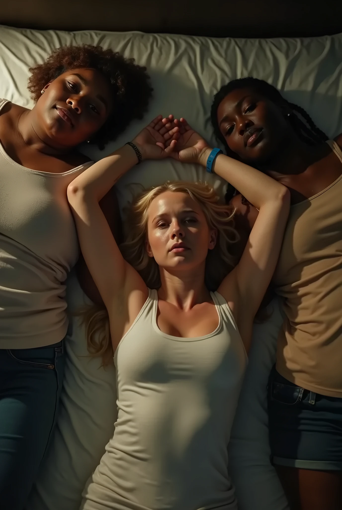 Create a photo of a 30 year old young woman, with a slender and beautiful body, with bare breasts and wearing pink sweatpants, with white and clear skin, with long light brown hair, scared as she is being brutally assaulted and pushed to the ground by two angry age girls, obese dark black skinned, who wears glasses and a blue dress.