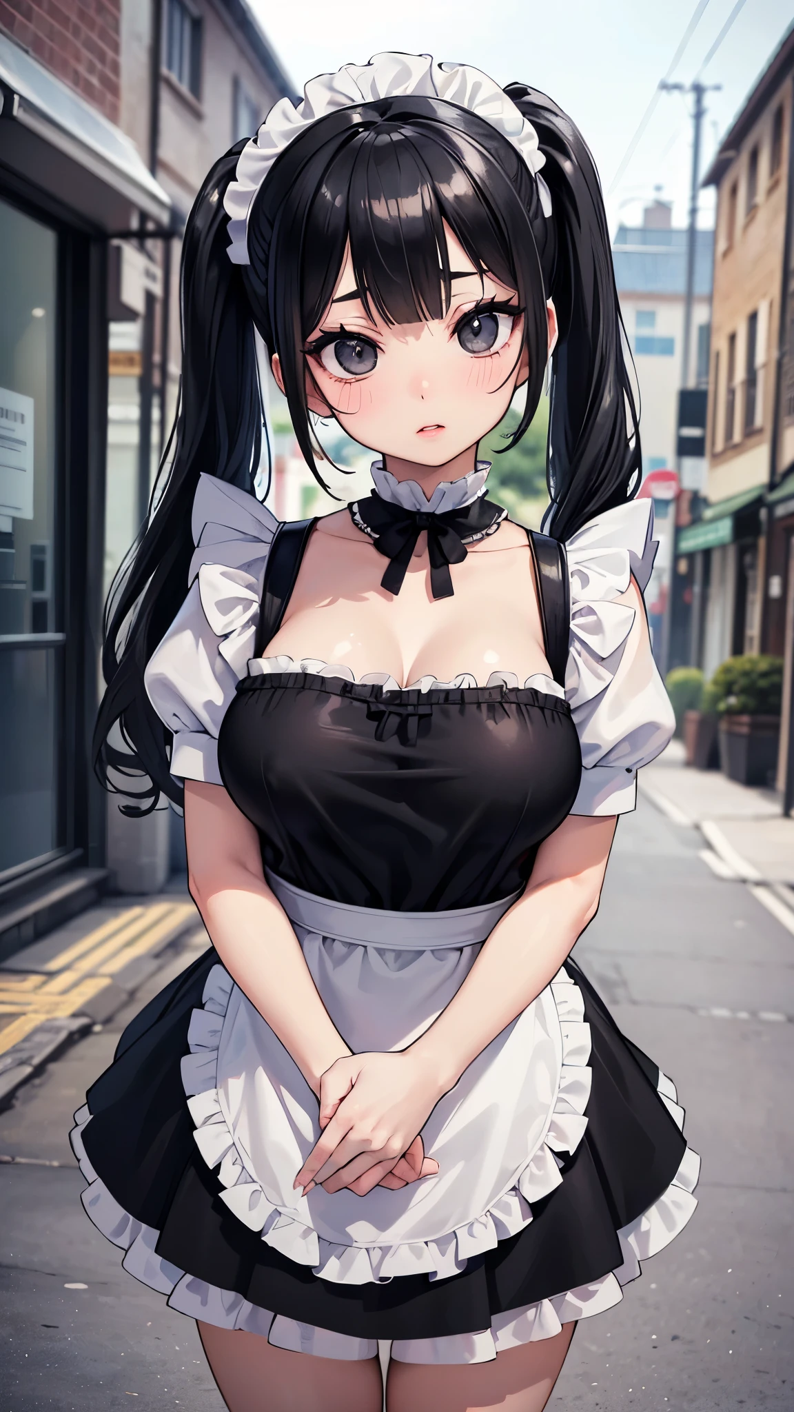 (masterpiece:1.2),best quality,perfect anatomy,best detailed,best background,
character focus,
cute girl,small body,shiny skin,small eyes,large breasts,light smile,
lovely big eyes,cute eyes,(red eyes:1.4),(black hair:1.4),
maid shirt,maid skirt,
city,street,outdoors,
looking at viewer,full body,standing,
<lyco:Cute Gothic Fashion1_1:0.75>,
BREAK