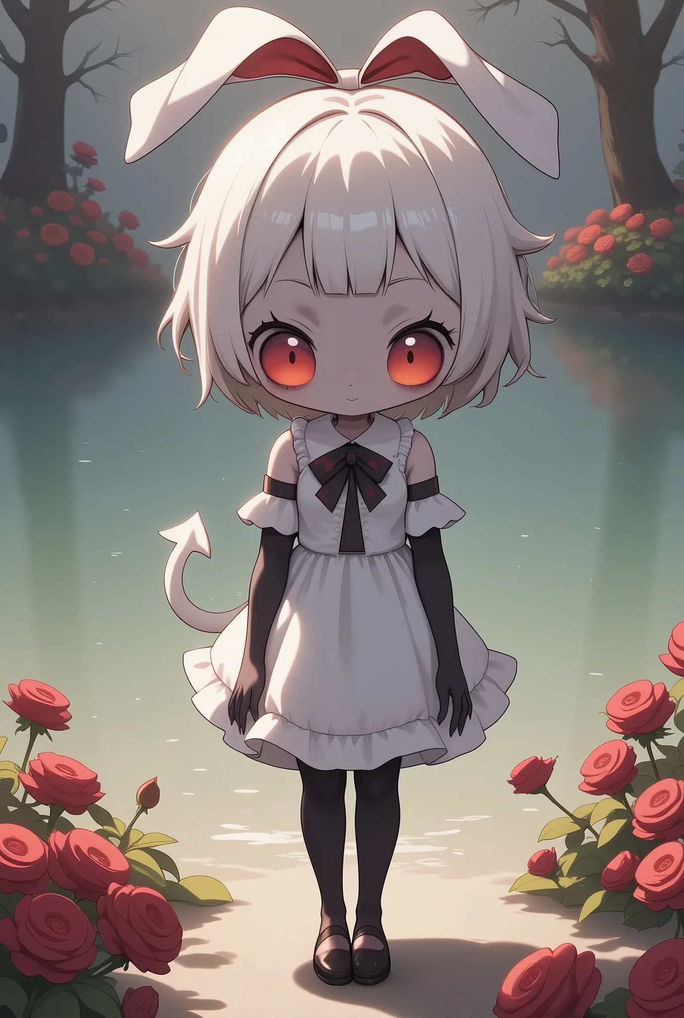 solo,1girl\(chibi,cute,kawaii,small kid,white hair,long hair,bangs,ear\(fluffy,white,rabbit-ear\),red eye,big eye,beautiful shiny eye,skin color white,big hairbow,white frilled dress,breast,cute pose,full body\),background\(some roses,by the beautiful lake,beautiful sunny day\),dynamic camera work,landscape