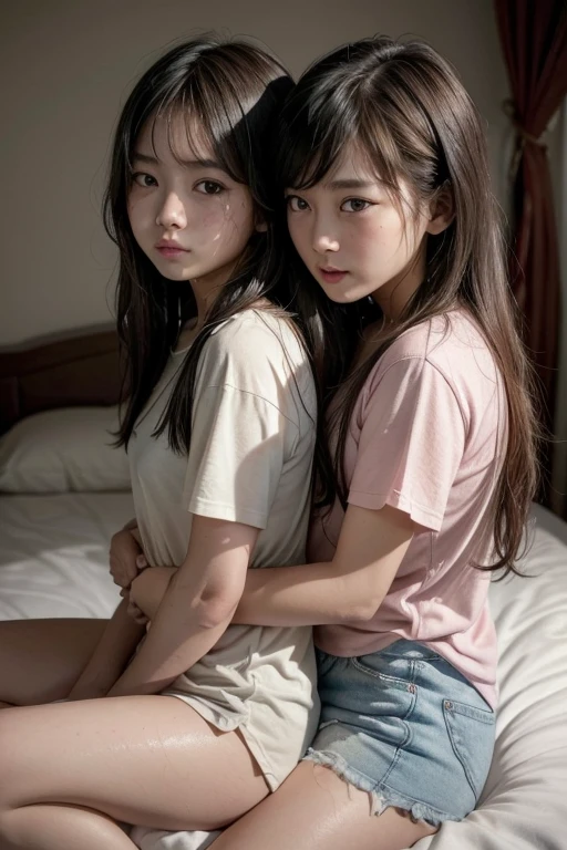 2 girls in bed, Navy blue short-sleeved shirt,Navy Long Trackpant,Sweatpants, Sweatpantsขายาว, lying on the bed., หญิงรักhave sex, coax, Sexual arousal, Realistic poses, exercise clothes, exercise clothes, have sex, Realistic gestures