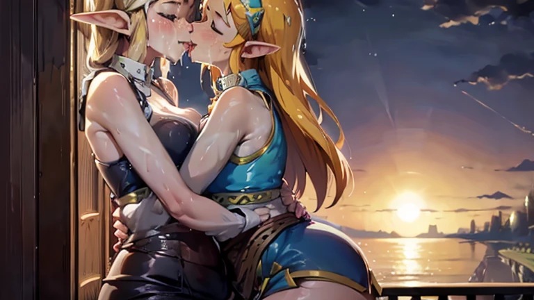 Masterpiece, stunning realistic, best quality, Sharpness, 2 girls, kissing on water, large breasts,, tongue kiss, closed eyes,full body (2girls, Zelda), short tight dress, sleeveless, outdoors, cityscape,road, heavy rain,storm, dusk,dawn, twilight,sunset, full body, soaking wet, sensual body, closed eyes, (silhouette:1.2), wet ground