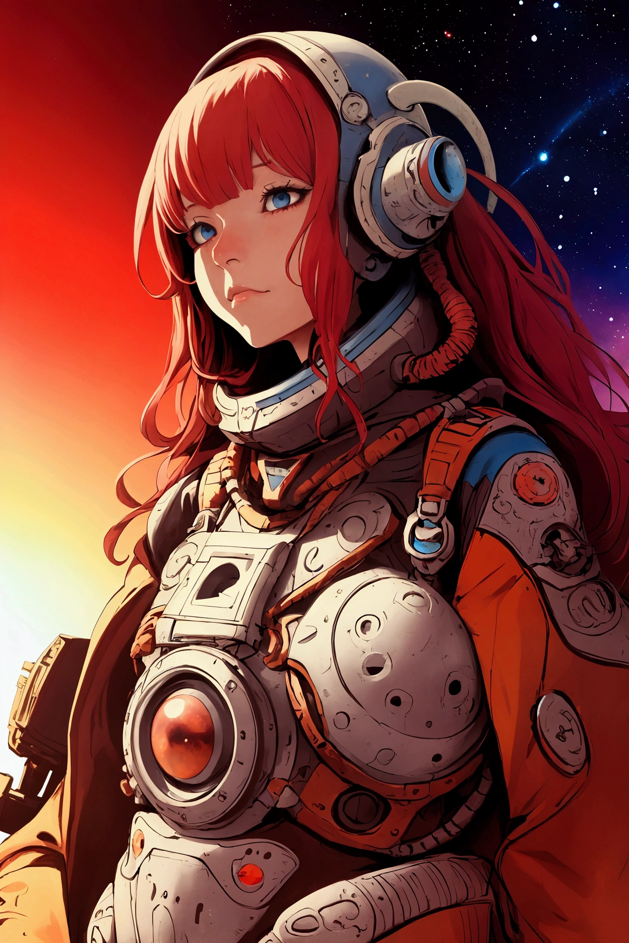 Luciano Lozano, Richard Doyle, John Bauer, Jack Davis, Marc Burckhardt, Surrealism, wonder, strange, bizarre, fantasy, Sci-fi, Japanese anime, tuna fishing on Mars, beautiful girl in a space suit, perfect voluminous body, pale red and blue sky, nebula, detailed masterpiece Hyper realistic sharp focus coquettish shy embarrassed 