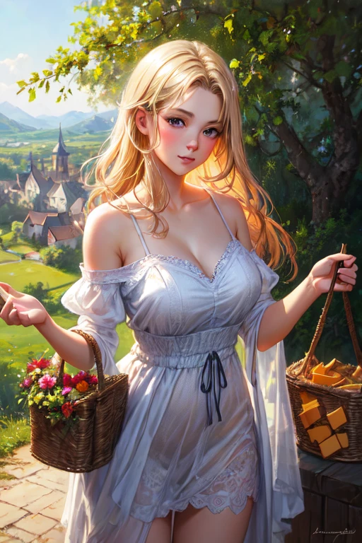 Dorothy from “The Wizard of Oz” embarks on an adventure in a real countryside. Her surprised expression, the shine of the basket she holds, and the landscape of the countryside behind her are impressive. 8K , HD, highly detailed, realistic, photography, photo realism --ar 9:16 -- at 6.0 --s 750,,19 years old, alone, Long Hair, View your viewers, Blonde, Brown eyes, gem, whole body, Realistic, Sexy、Big Breasts 、stockings、clip on earrings,pendant,bracelet,embarrassed,blush,princess dress