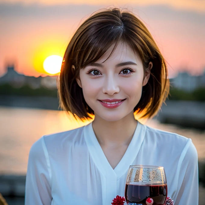 ((Highest quality、8K、masterpiece:1.3))、Shortcuts、cute、slimカップル、modelカップル、actress男優、(Realistic, Intricate details:1.2), full-course dinner、Wine Party、Amazing view of the sunset sky and clouds、A bright smile、short hair,Bright Face、 (Age 45), 42 years old, red wine 、Appetizers、Italian food、Wine bottle、Champagne、sparkling wine、Two beauties、Brown Hair、Shortcuts、Long sleeve shirt、dress、Beautiful woman 1, (slimな顔), (The body is slim), (Brown Hair), (Shortcuts), cheeks turn a little red,Attractive beauty、restaurant, In a prominent place (From the waist up) Nova Frog Style, actress, model, Upper Body, White wine, slim, wine glass, 中央に置かれたwine glass, smile, (smile: 1.15), Beautiful fine grain, Depth f/2,saturation, High Contrast, Strong light and shadow,Moist Body:1.5、3D texture、Delicate eyes、Brown Hair、The hair is very shiny、