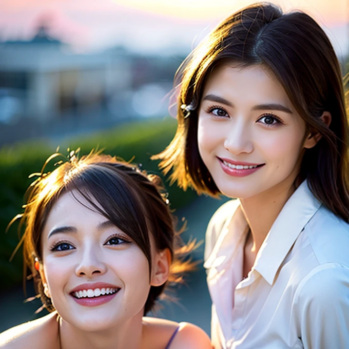 ((Highest quality、、masterpiece:1.3))、1 male、1 female,44 years old 39 years old、Shine the light on my face、Slim Beauty、Beautiful couple、Upper Body、smile、 (Slim face), (the body is スリム), (Brown Hair), (Shortcuts), テーブルのフルコースディナーとwine glass、Amazing view of the sunset sky and clouds、smileの美しさ、Wine bottle、sparkling wine、Long sleeve shirt、dress、White wine, red wine, wine glass, Beautiful fine grain, Depth f/2,saturation, High Contrast, Strong light and shadow,Moist Body:1.5、 texture、The hair is very shiny、