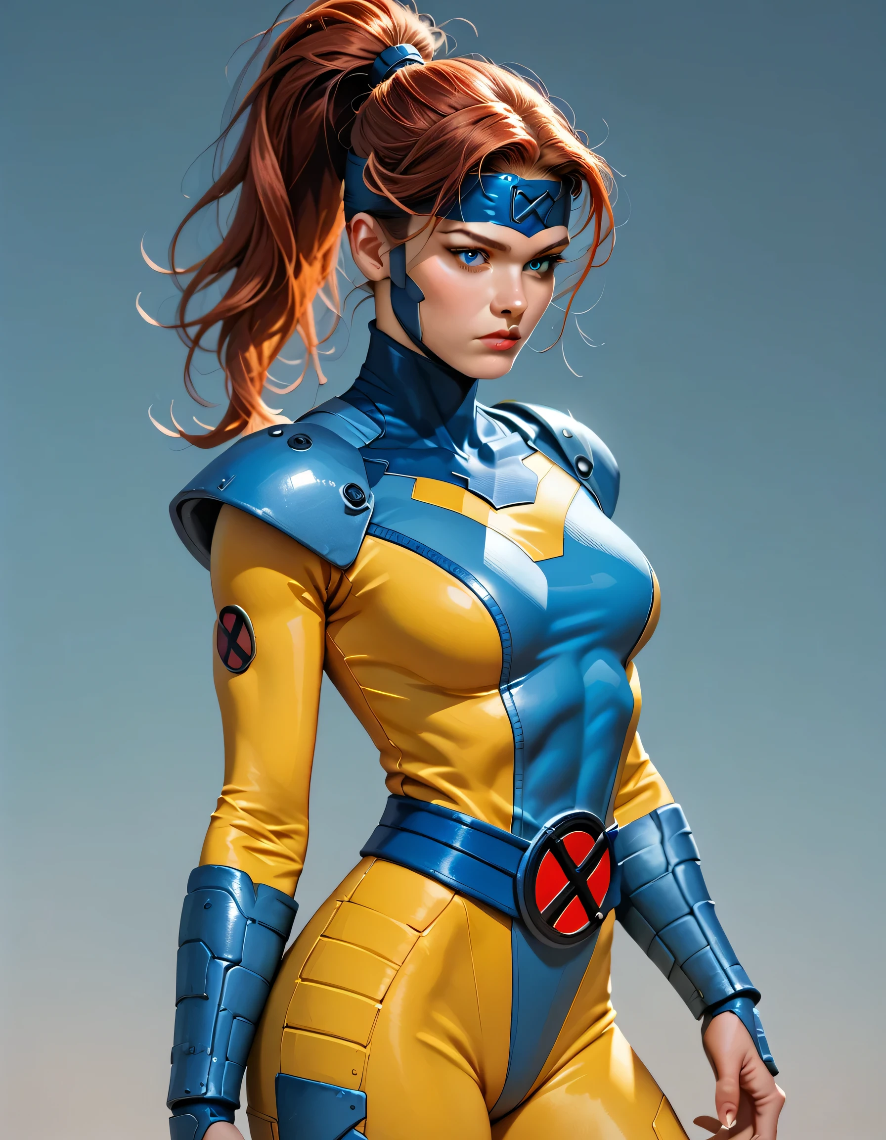 realism, realistic 1 girl, solo,  blue eyes,  red hair, ((High Ponytail Hairstyle)), medium breasts,  perfect body, big thighs, headband, yellow bodysuit, ((blue armor covering her forehead, cheekbones, chin, neck, chest and shoulders)) , jean grey X-men uniform