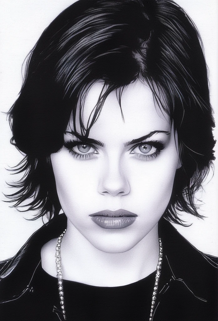 (Fairuza Balk)drawing of the face of a 3 woman,short hair,dark haired,white satin shirt