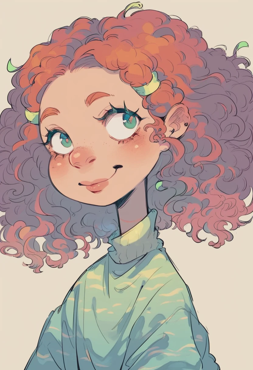 A vibrant and whimsical scene: Ginger Foutley - a bright-eyed and bushy-featured young girl with fiery red locks, styled in loose, luscious curls. Her cheeks are rosy