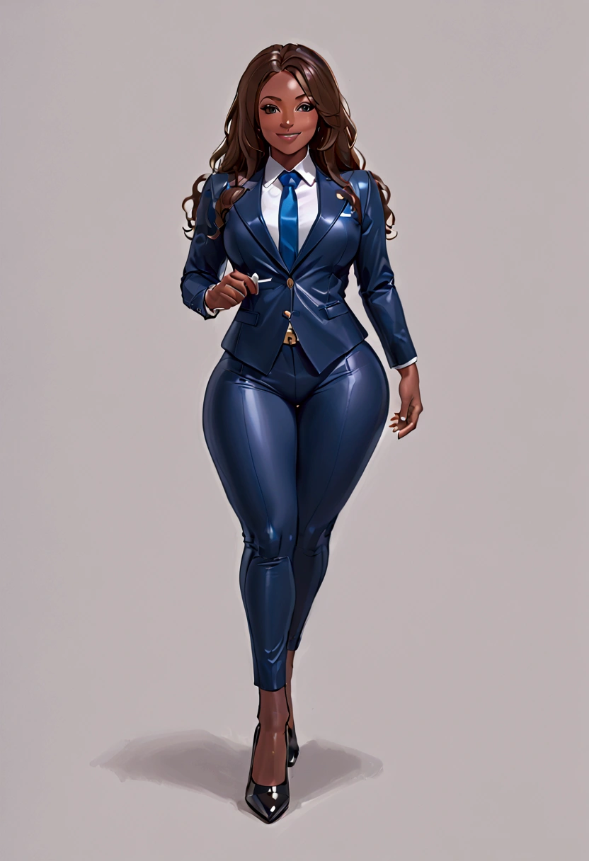 araffe Femboy in a suit and tie posing for a picture, wearing tight suit, tight attire, girl in a suit, Femboy in suit, intricate suit, tight navy-blue leather outfit, in spandex suit, intriguing outfit, wearing a strict business suit, business attire, tight outfit, in a business suit, wearing a plug suit, Femboy full body, African American,dark skin ,thick thighs,bbl, bimbo lips, smiles ,