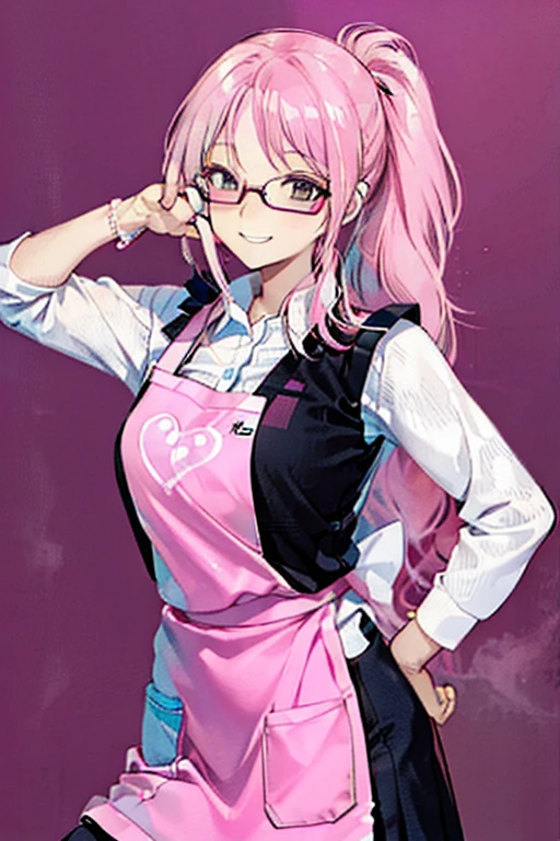 Pink Hair,ponytail,Glasses,smile,Simple Background,Apron appearance