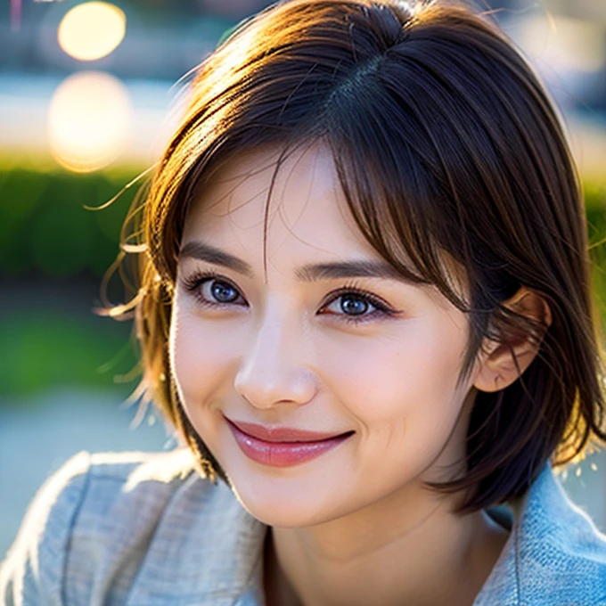 8k、High resolution、Close-up image、High nose、Narrow eyes、skinny、No makeup、A smile for your lover、Winking eyes、White skin、Clear Skin、Slimming、Cute Smile、Wrinkles around the eyes、Vertical plane、Clear Skin、Idol、short hair、Shiny Hair、Fashion Model、Small breasts、Face lighting