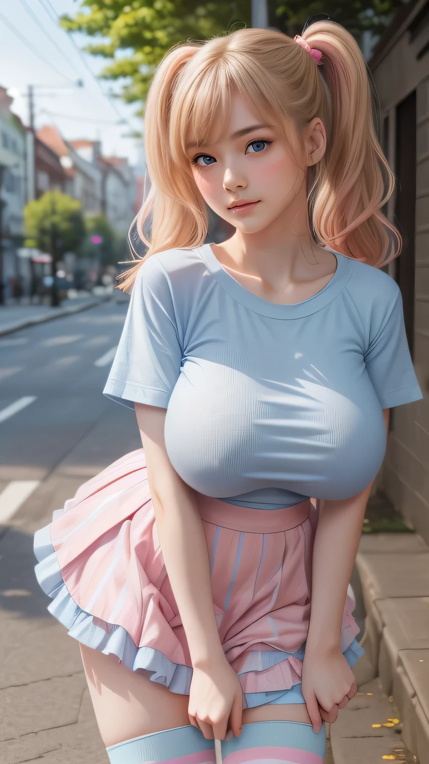 (Pale skin:1.3), 8k, RAW Photos, highest quality, masterpiece, Realistic, Detailed face, Detailed skin, Warm color temperature, (Park background:1.1), Beautiful Japanese Girl, blonde hair, (short Twintails hair:1.2), Asymmetrical bangs, Black hair, whole bodyショット, (Front view:1.3), (One girl:1.2), (low length:1.1), Height: 148cm, , skinny, (Light Blue Ruffle Micro Skirt:1.2), (Pink t-shirt for girls with a unicorn illustration:1.2), (Striped knee socks:1.2), (Huge Breasts:1.5), Saggy breasts, smile, chichibukuro, (Czech, whole body, Dressed:1.2)