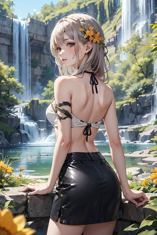 ((best quality)), ((masterpiece)), (detailed),    Snake-lady in style of Andrew Atroshenko with a white sexy tresses on shoulder clothes and black mini skirt standing near the waterfall ; bluish flowers on back; orange flowers on hair:, 