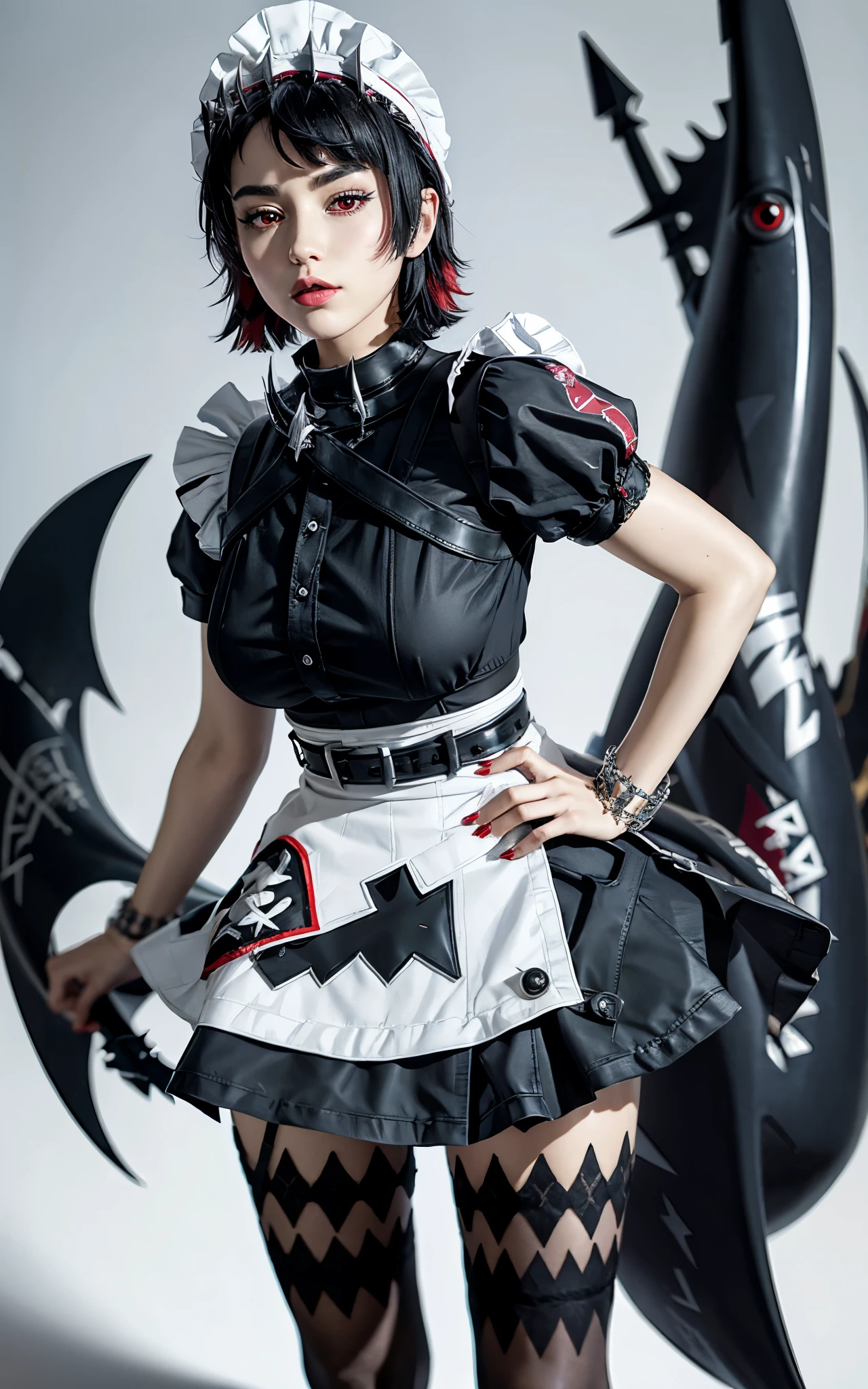 Realistic version of ellen joe, black hair, colored inner hair, multicolored hair, (red eyes:1.3), red hair, short hair, two-tone hair,
apron, black pantyhose, black shirt, black skirt, ear piercing, fins, fish tail, maid, maid apron, maid headdress, pantyhose, piercing, puffy short sleeves, puffy sleeves, shark girl, shark tail, shirt, short sleeves, skirt, tail, two-tone hair, wrist cuffs,