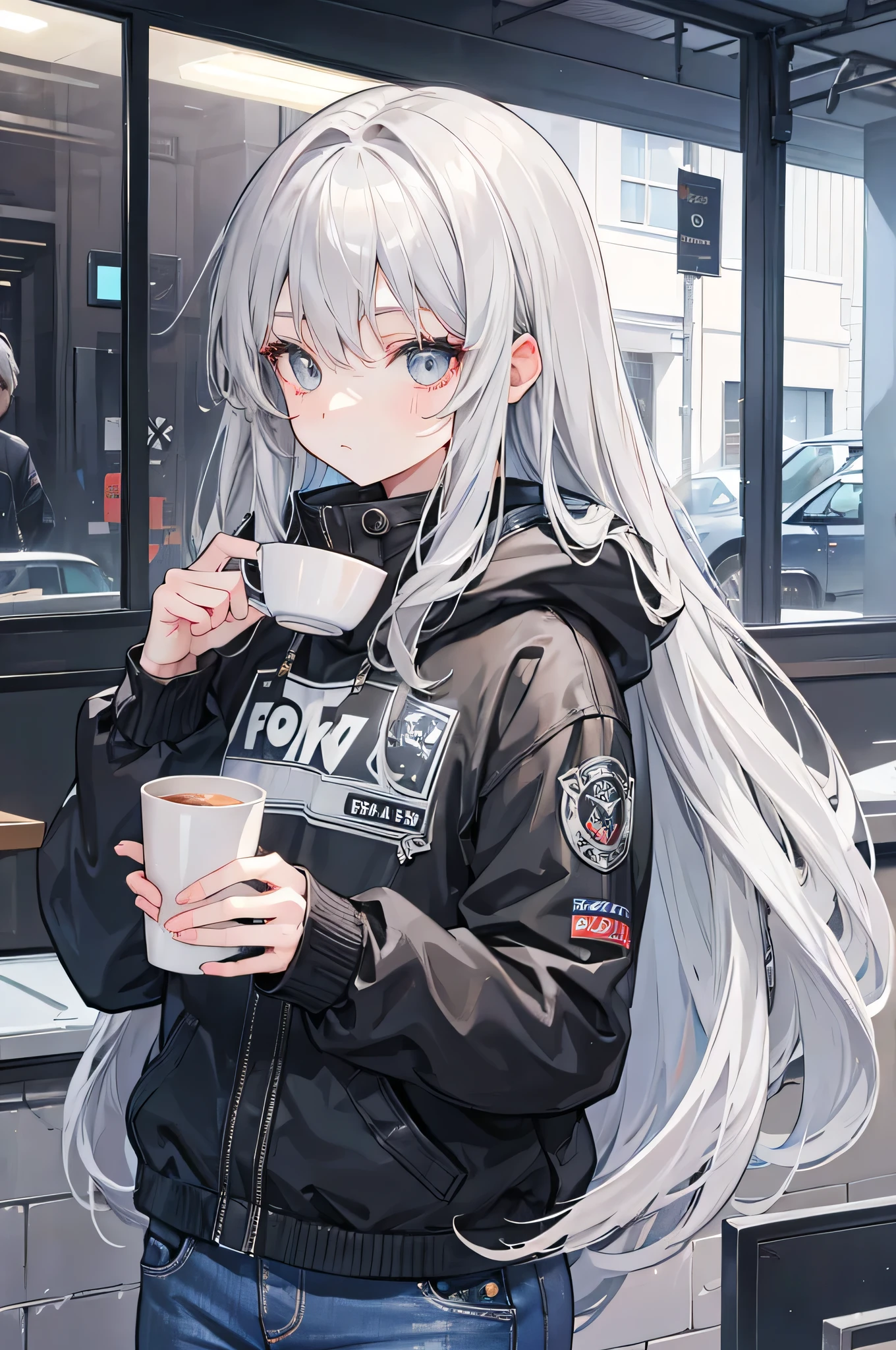 skyline, 1girl, solo, pants, sitting, looking at viewer, white pants, jacket, cup, holding, long sleeves, headset, black jacket, thigh strap, holding cup <lora:skyline-000009:1>