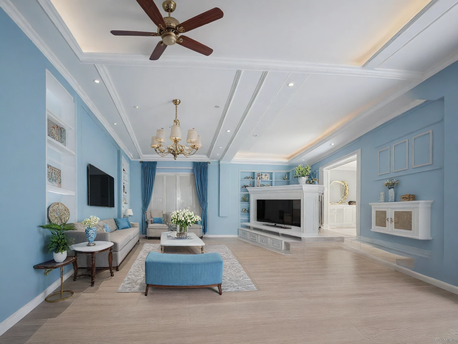 ,Masterpiece, Best quality,8K, 超高分辨率,Step into this luxurious living room,It's as if you've gone to the beautiful shores of the Mediterranean。Spacious and bright space,Aquamarine blue walls and bright marble floors complement each other,Showcasing the romantic atmosphere of the Mediterranean。Rustic furniture and floral decorations are embellished,It was like being in a lush garden。Soak up the sun and sea breeze inside,It is as if you can feel the call of the sea。At the moment,I just want to enjoy this relaxation and comfort with my family and friends。