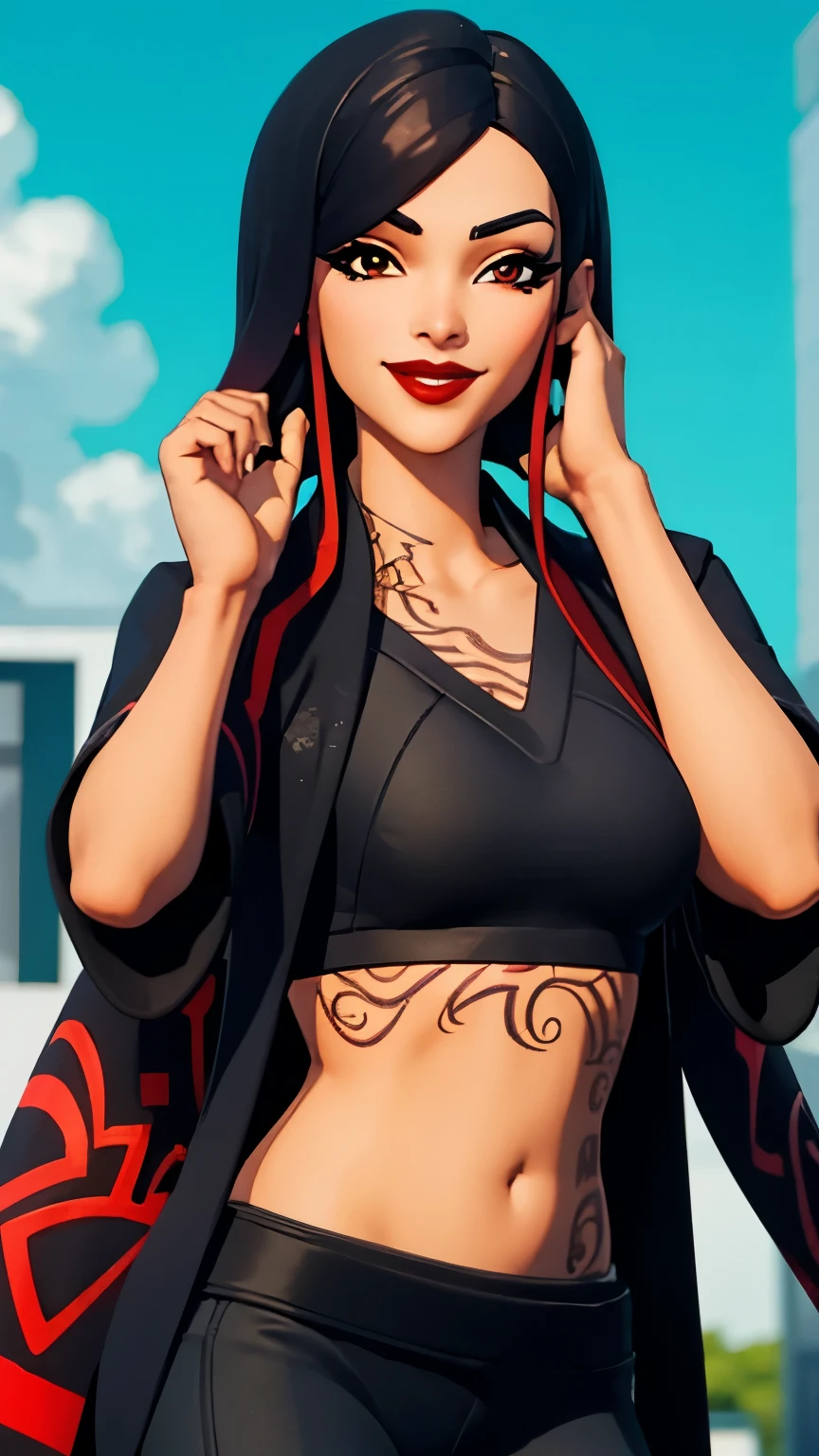 City background:1.2, 1girl, SierraFN, black hair, red hair, two-tone hair, short hair, multicolored hair, red eyes, (black eyeshadow1:1), (speed lines:1.1), tattoos, navel, kimono, black kimono, open kimono, covor shoulder, black crop top, black pants, red lips, smile, looking at viewer, facing viewer, upper body,