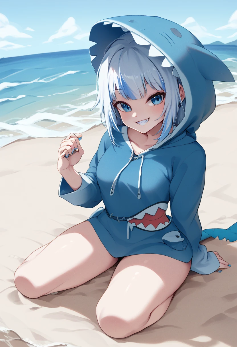 A beating giant,shark wear,shark hoodie,blue hoodie,Smiling, On the beach,sfw