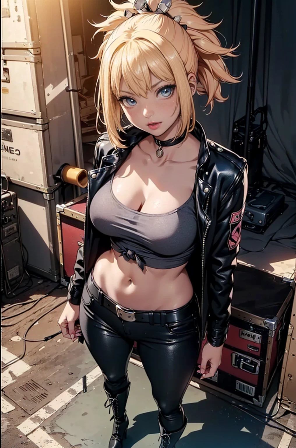 ((1woman, (solo, 1girl, alone), kohaku, blonde hair, blue eyes, tied hair)), smug, ((solo, (1woman, pink lipstick), Extremely detailed, ambient soft lighting, 4k, perfect eyes, a perfect face, perfect lighting, a 1girl)), austere, ((Girl in Pluguit rear facing, Looking at a bright red planet in space. Scenes are extremely detailed and the clarity is extraordinary, spacesuit)), ((fitness,, shapely body, athletic body, toned body)), (( biker woman, rocker woman, punk woman, black jacket, leather jacket, gray t-shirt, black pants, leather pants, belt, leather boots, knee-high boots, high-heeled boots, stiletto boots, rock concert, music show, rock stage, backstage, smug))