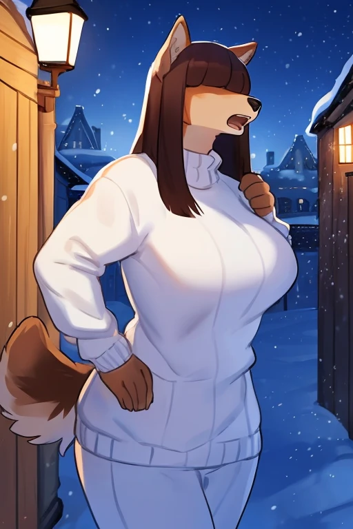 By bebebebebe, by lostgoose, by goonie-san, futa, ((canine, snout, hair covering eyes, straight hair, medium hair, flat hair, ears, thin snout)), brown fur, big poofy tail, raised tail, dark maroon hair, (muscular, big breasts), solo, standing, town, winter, snow, snowing, night, shocked, surprised, open mouth, jazz hands, white turtleneck sweater, no pants, looking at viewet)) ((nsfw)) ((thicc)) ((cock and balls))