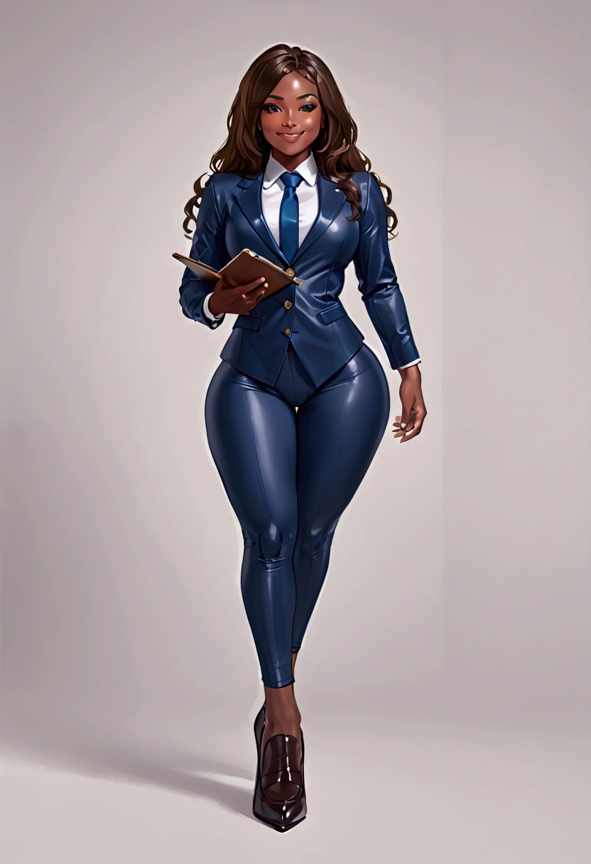 araffe Femboy in a suit and tie posing for a picture, wearing tight suit, tight attire, girl in a suit, Femboy in suit, intricate suit, tight navy-blue leather outfit, in spandex suit, intriguing outfit, wearing a strict business suit, business attire, tight outfit, in a business suit, wearing a plug suit, Femboy full body, African American,dark skin ,thick thighs,bbl, bimbo lips, smiles , bulge , flat chested, high heel loafers, holding clipboard