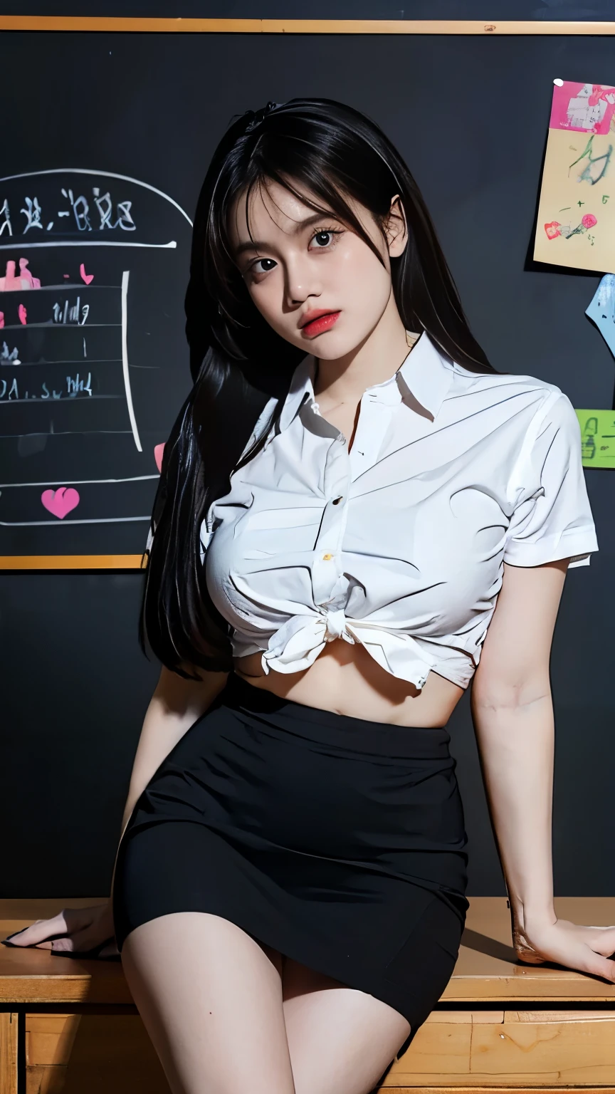 masterpiece of the highest quality, Illustration, Very detailed, Delicate details, High resolution, 8k,wallpaper, Perfect dynamic composition,(Detailed high quality, Realistic depiction of eyes:1.3), (White school shirt :1.2), (mini tight skirt :1.3), Black tie, Black thigh-high stockings, Sitting, Leg spread, In the classroom, Background blackboard, Deep in the field, (huge Breasts), Black hair color, Big, natural-colored lips, (Perfect figure), Crying a little、Harajuku Style、20-year-old girl、Cute type、、Beautiful legs, Gravure idol