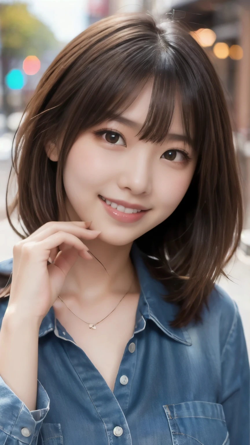 8k、Highest quality、Ultra-wide-angle lens、(Representative Works:1.2)、(Real)、(Real:1.37)、Ultra-high resolution、One female college student、Droopy eyes、Beautiful teeth alignment、smile、Well-formed fingers、Long Hair、Around town、(Casual outfit is cute)、Big Breasts、Perfect Body、Perfect Fingers、Beautiful Skin、Professional Lighting、gravure、Face and skin details、Microparticles、RAW Photos