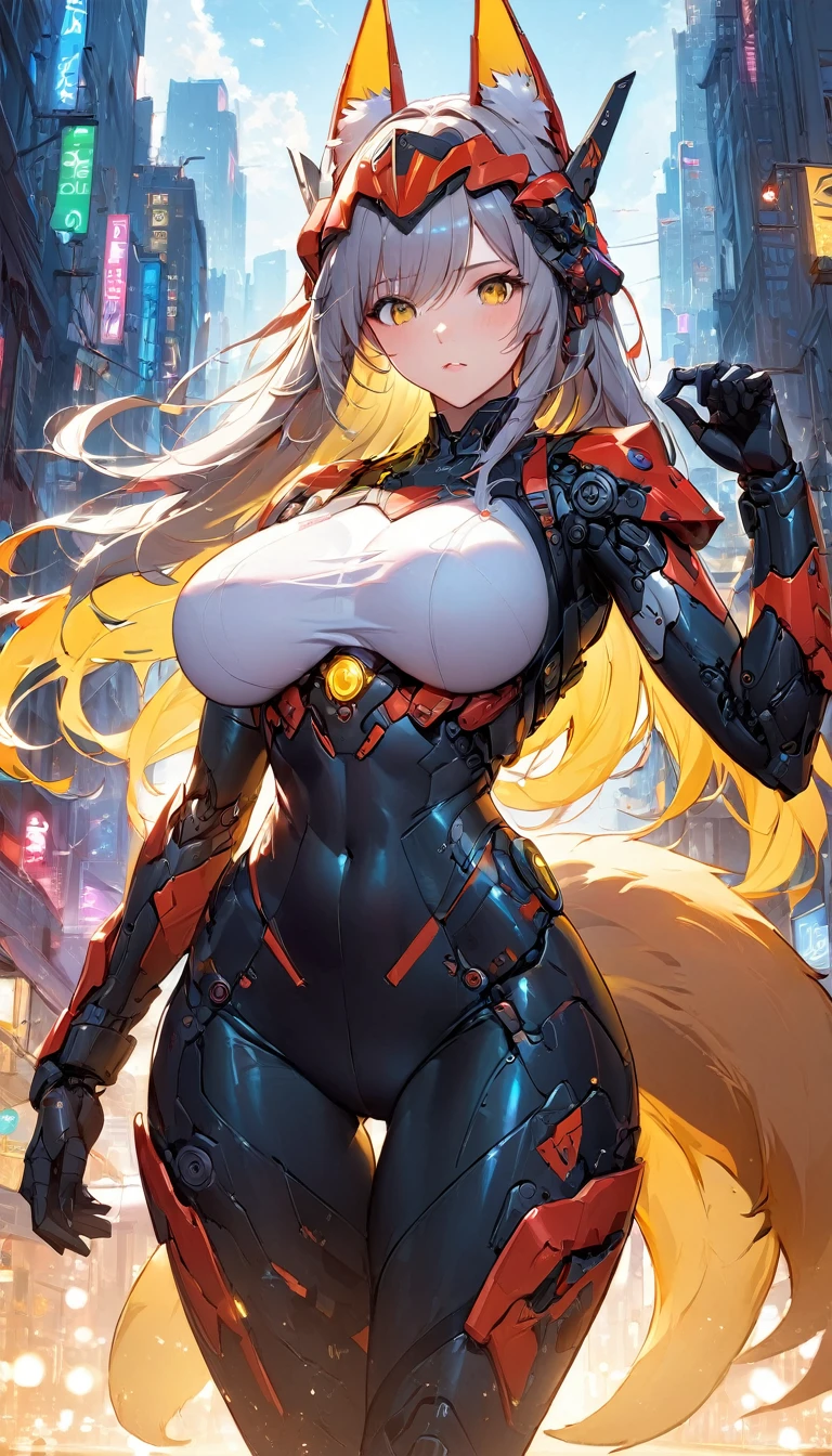 masterpiece, best quality, extremely detailed, 1girl, mature female, solo, koyanskaya, (huge breasts:1.2) , parted lips, (((pink hair, yellow eyes, long hair, fox tail, fox ears))), (((black plugsuit, mechanical arms, mechanical legs))), ((naughty smile), closed mouth), sweaty, ((sitting on the bench, rooftop, dark sky, storm clouds))