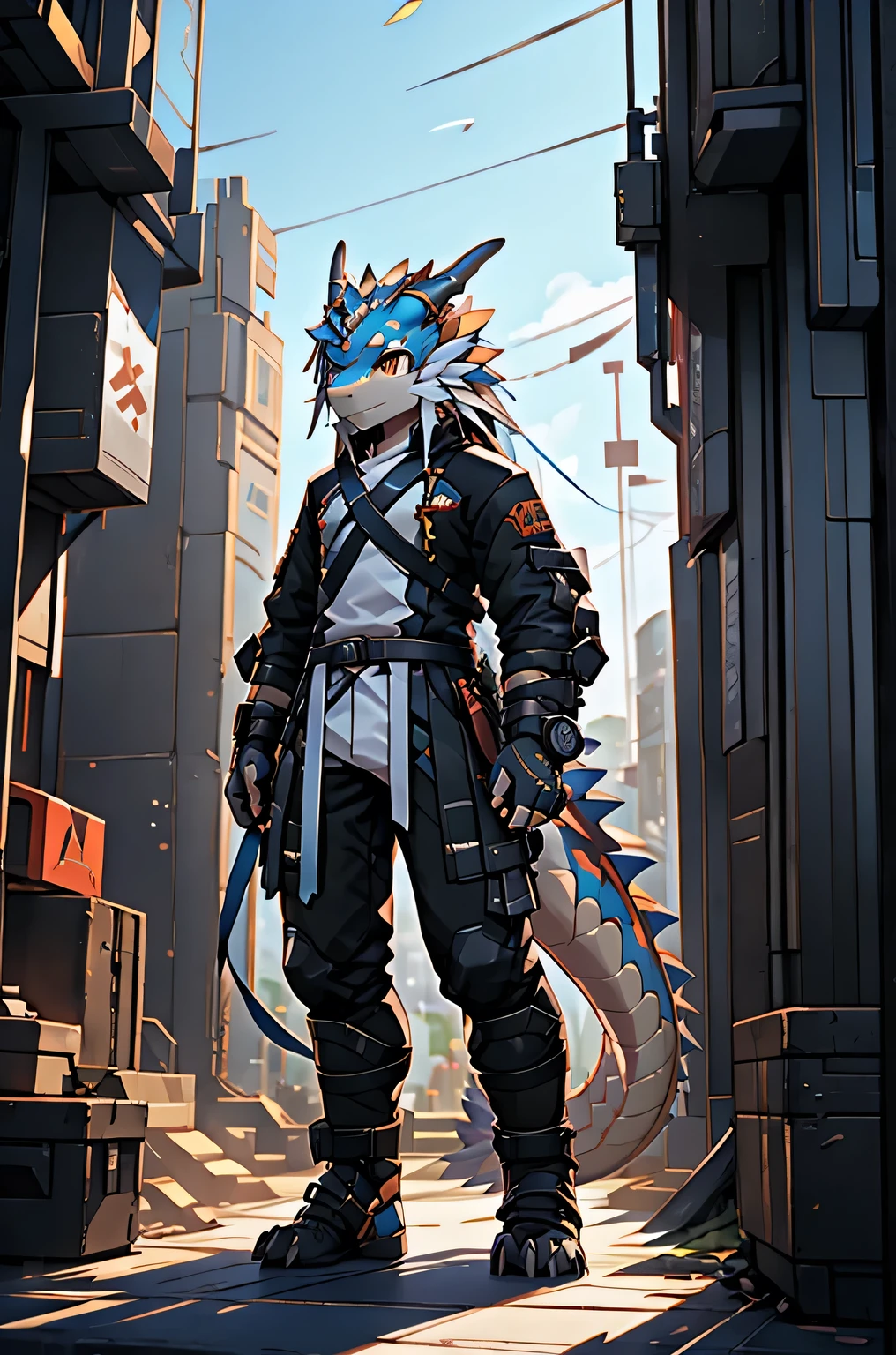 Arknights、character、high quality、Standing posture、Detailed lines、Humanoid dragon、womanのDragon、Survival clothing、Cyberpunk clothing、Dragon、woman、Dragon Man、Dragonewt、dragon bone、stand、Precision painting、Good looking face、furry