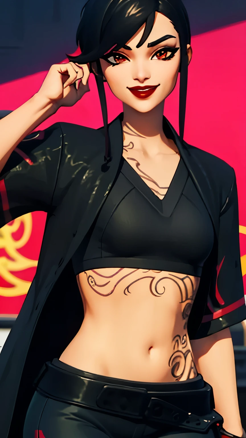 City background:1.2, 1girl, SierraFN, black hair, red hair, two-tone hair, short hair, multicolored hair, red eyes, (black eyeshadow1:1), (speed lines:1.1), tattoos, navel, kimono, black kimono, open kimono, covor shoulder, black crop top, black pants, red lips, smile, looking at viewer, facing viewer, upper body,