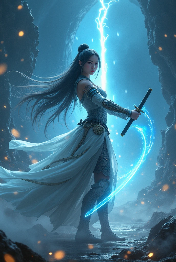 Kizi, in battle stance, standing backwards, a shiny katana (holding it by the handle), very long brown hair, blue colored eyes, short blue kimono, big-ass, white loincloth (I'm in the shape of a t) with ropes, white lace thigh high stockings, cinematic light, Trees, waterfall, Chinese shrine, blue sky, white clouds, seminua, breasts big, quase nua, great breasts