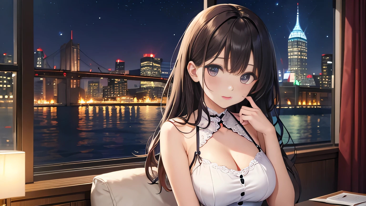 bigboobs (8K, Raw photo, Best Quality, masutepiece:1.2), (Realistic, Photorealsitic:1.37), Ultra-detailed, 1 girl,Cute, Solo,Beautiful detailed sky,Detailed Cafe,Night,Sitting,Dating,(nose blush),(Smile:1.1),(Closed mouth),Large breasts, Seductive smile, large aparture, Professional Lighting, Sony A7R4, Zessie 50mm f1.8,,fold your arms behind head:1.5,Mole under the eyes:1.2 Medium-breasted,Beautiful detailed eyes,(white sexy dress:1.1), bowtie,Pleated skirt,(Long hair:1.2),Floating hair cleavage