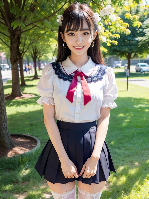 (Best Quality,4K,High resolution:1.2), Ultra-detailed, Realistic portrait, Best Quality, (outside japanese high school), (passionate scene),one very young looking high school girl, (intense emotion), (carp), (kiss:1.1), , (open eyes),(innocent look), student clothes, long black hair with bows and ribbons、Mini Pleated Skirt、(Stockings), standing, open mouth, (very big breasts), lingerie, pigtails, thin tiny waist, black and pink marching band uniform with bow, having fun, small body, big brown eyes, big cute smile, (full body, perfect long legs, looking up staring into camera, far away), muscular lean abs, (tight cropped blouse)