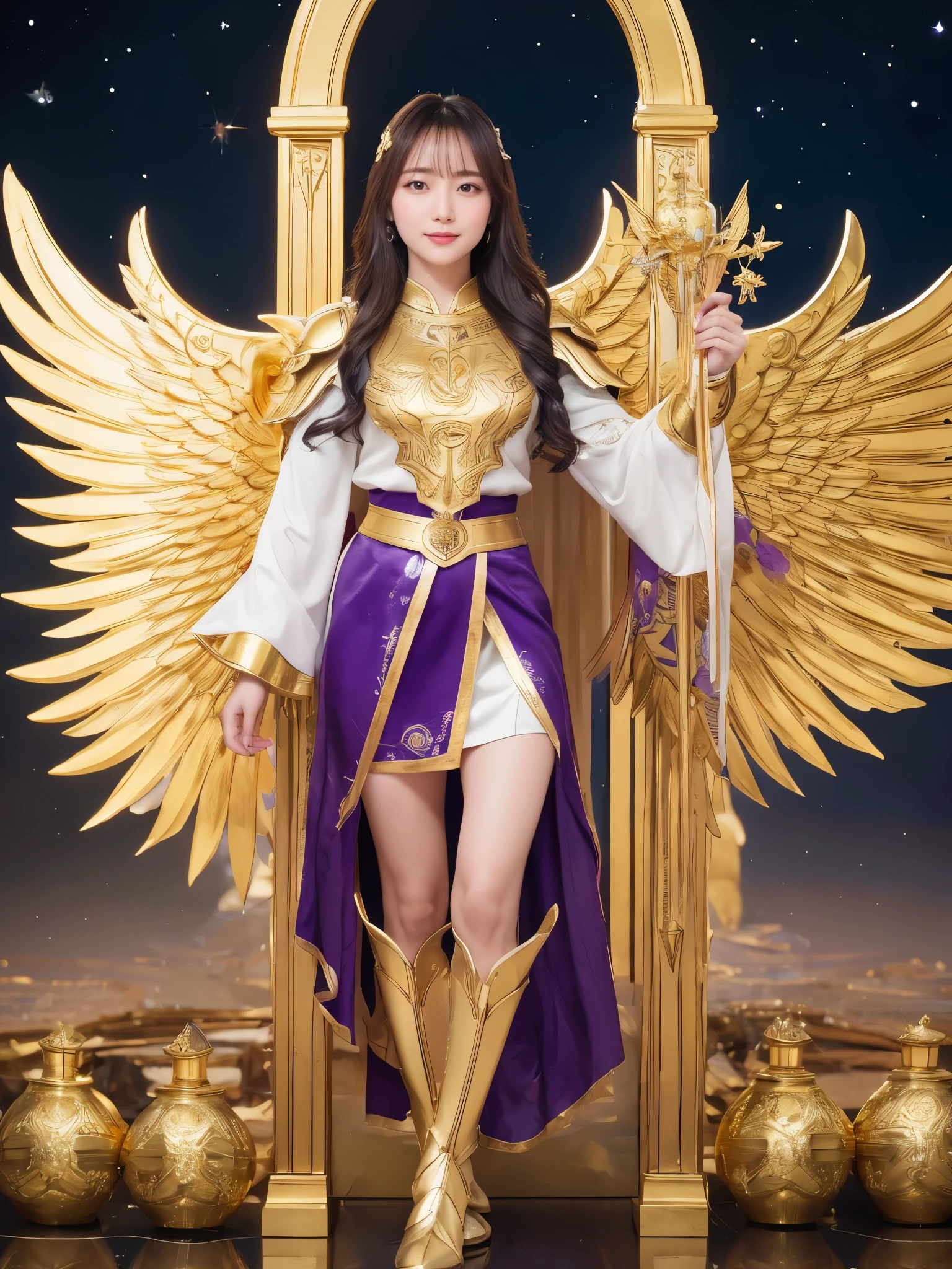 Miss Saori（Athena）The image is full of majesty and holiness。She has long smooth purple hair，Wear a silver helmet，There is a half-moon decoration in the center of the helmet，Symbolizes wisdom。She wears mainly silver、Armor with purple and gold decorations，Breastplate engraved with the sacred totem of Athena，Skirt is white，White skirt above the knee, Gold embroidery on edge，Leg armor integrated with silver boots，The overall armor is beautifully designed。 She holds a golden scepter，The top of the scepter is a crescent symbol，studded with luminous gems，Symbol of divine power。The round shield is mainly silver，Engraved star pattern in the center，Surrounded by geometric patterns and moon symbols，Represents protective power。Huge golden wings spread out behind her，The inner feathers have a purple gradient，Symbolizes wisdom and the divine。 She stands in front of the background of the Zodiac in Saint Seiya，Surrounded by tall golden pillars and mysterious horoscope symbols，The entire scene is shrouded in soft golden light，light from her wings、Reflected on scepter and shield，Highlight her holiness and majesty。
