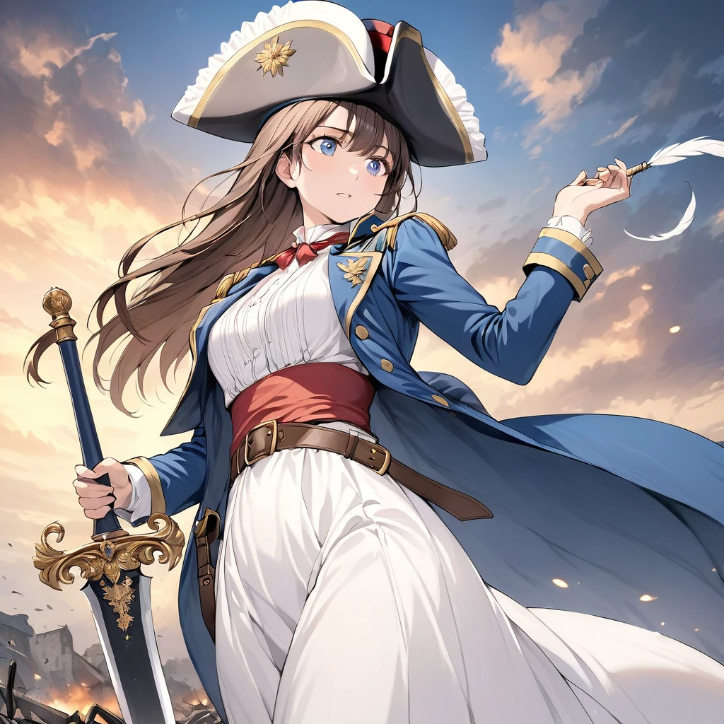 An elegant female soldier in the style of Napoleon Bonaparte. She was inspired by the French Empire、Dressed in elaborate 19th century military uniforms, Blue coat with gold embroidery, Feather on a bicorne hat, And the belt was around his chest. Her face is full of confidence、Dignified, Stand Proud、One hand on the hilt of the sword. A spectacular battlefield unfolds in the background、Dramatic clouds in the sky, Emphasizing her leadership and authority