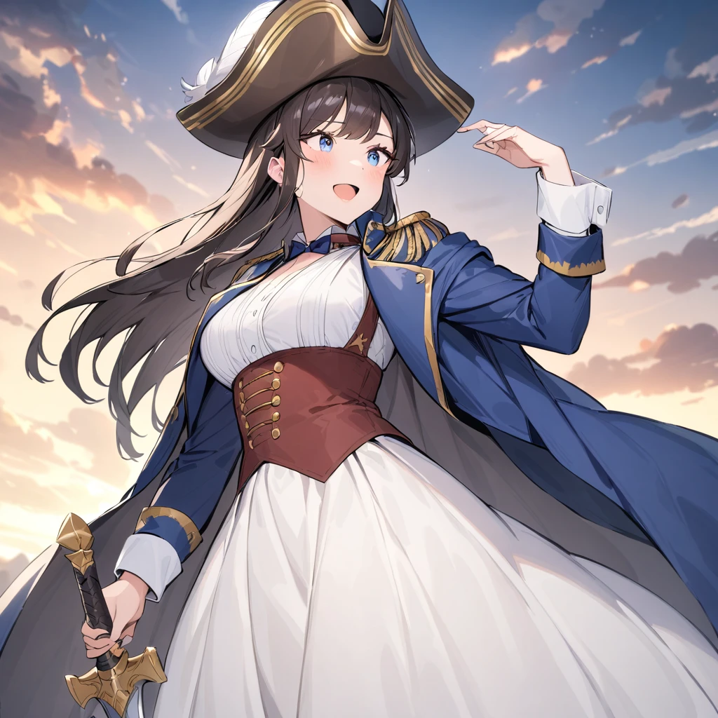 An elegant female soldier in the style of Napoleon Bonaparte. She was inspired by the French Empire、Dressed in elaborate 19th century military uniforms, Blue coat with gold embroidery, Feather on a bicorne hat, And the belt was around his chest. Her face is full of confidence、Dignified, Stand Proud、One hand on the hilt of the sword. A spectacular battlefield unfolds in the background、Dramatic clouds in the sky, Emphasizing her leadership and authority