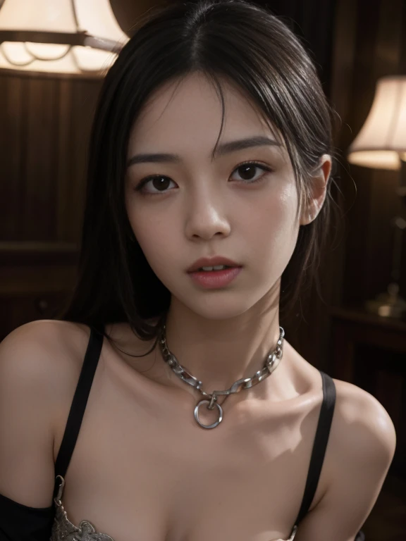 Viewer discretion advised、Skinny Girl, With chains around my body, so beautiful, Dynamic pose, 1 girl, Detailed face, fine grain, Detailed lips, Detailed faceの特徴, Complex chain, Metal Chain, Intricate details, Sulky, Chiaroscuro, High Contrast, Digital Art, Concept Art, 8k, Please redeem, masterpiece, There are many chains、Sensual look、Showing off your crotch、