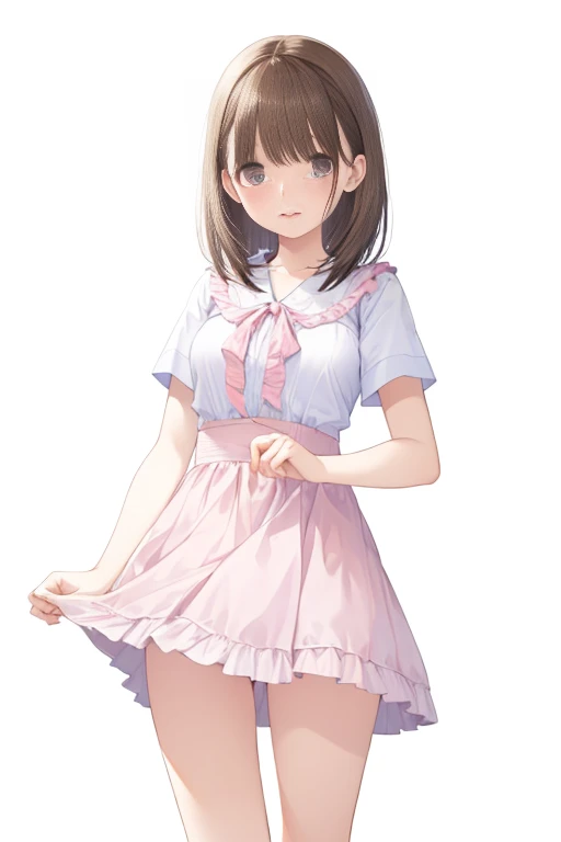 1girl, (loli), shy, blushing, short hair, twintail hair, cute pink mini dress, upskirt, vagina spread cameltoe, (cum inside pussy), (cum inside white panties side tie), white background