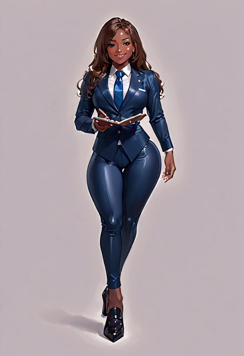 araffe Femboy in a suit and tie posing for a picture, wearing tight suit, tight attire, girl in a suit, Femboy in suit, intricate suit, tight navy-blue leather outfit, in spandex suit, intriguing outfit, wearing a strict business suit, business attire, tight outfit, in a business suit, wearing a plug suit, Femboy full body, African American,dark skin ,thick thighs,bbl, bimbo lips, smiles , bulge , flat chested, high heel loafers, holding clipboard