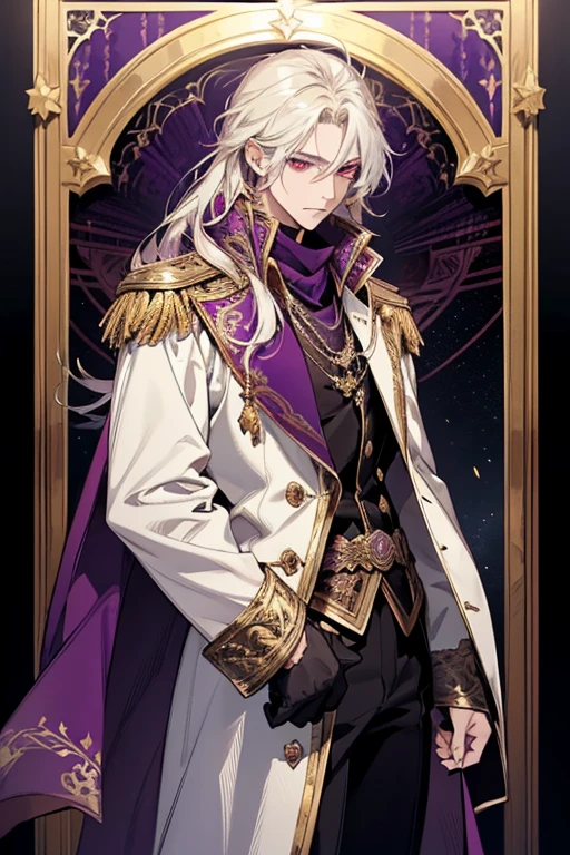 (1 person、good looking、cool、male)(masterpiece、Best Quality、Beautiful illustrations)Purple long flowing hair、coolなイケメンmale、Beautiful red eyes、Characters in intricate costumes, Fantasy-style armor with a predominantly white and purple color scheme, With gold accents. This costume has、Includes a flowing white coat adorned with gold epaulettes。, Black gloves, Black pants with purple and gold patterns. A purple cape and matching scarf flow gracefully., Enhances the overall look. The character stands confidently, Large, A decorative shield featuring a gold point and star motif. The background is clear, Emphasize the character&#39;s exquisite and dignified appearance.