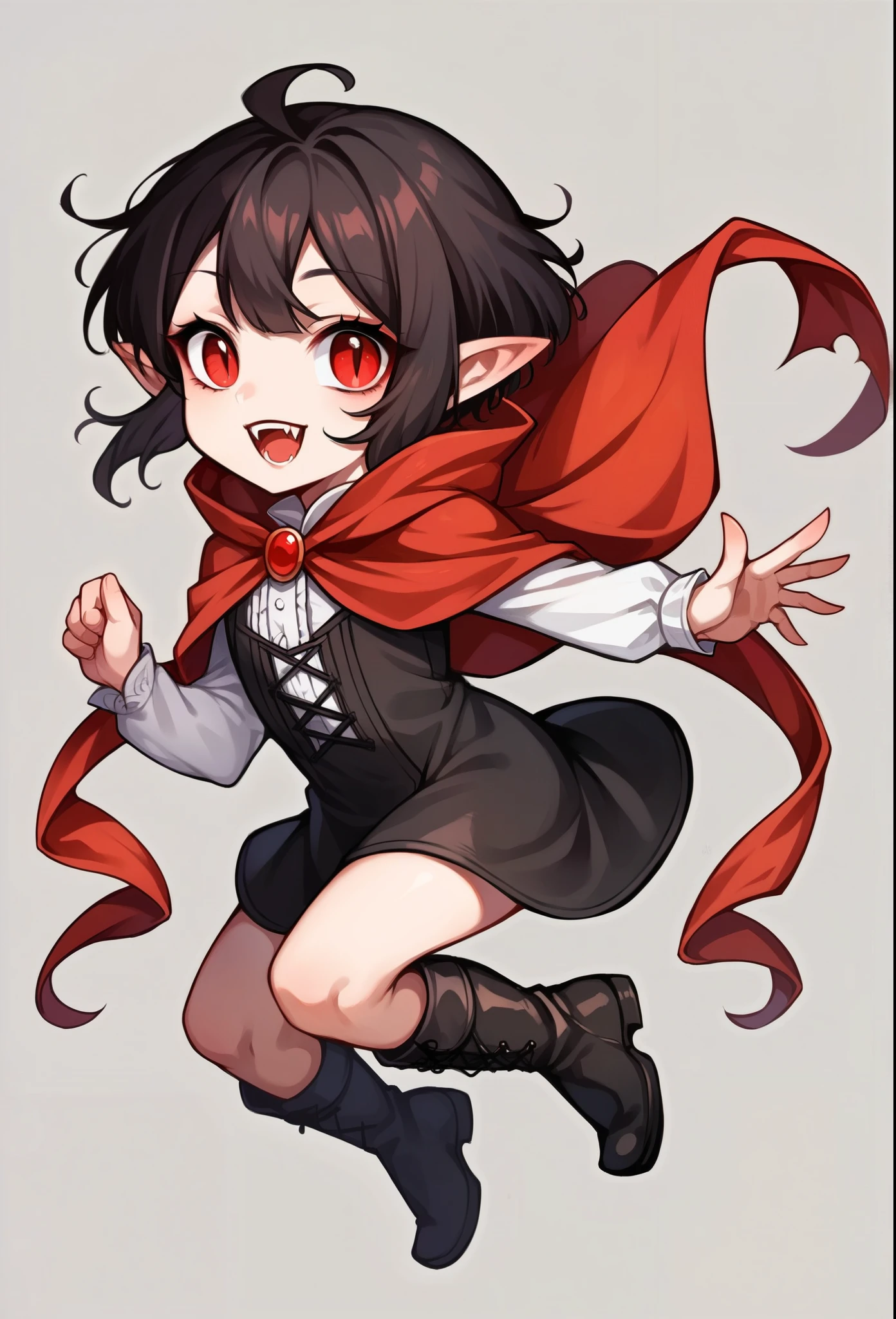 score_9, score_8_up, score_7_up, score_6_up, score_5_up, score_4_up, (SFW, rating_safe), source_anime, chibi style, cute, 1girl, vampire girl, smiling, red eyes, beautiful eyes, dark hair, short hair, (red ribbons), pointy ears, short black dress, red cloak, high boots, jumping, simple background