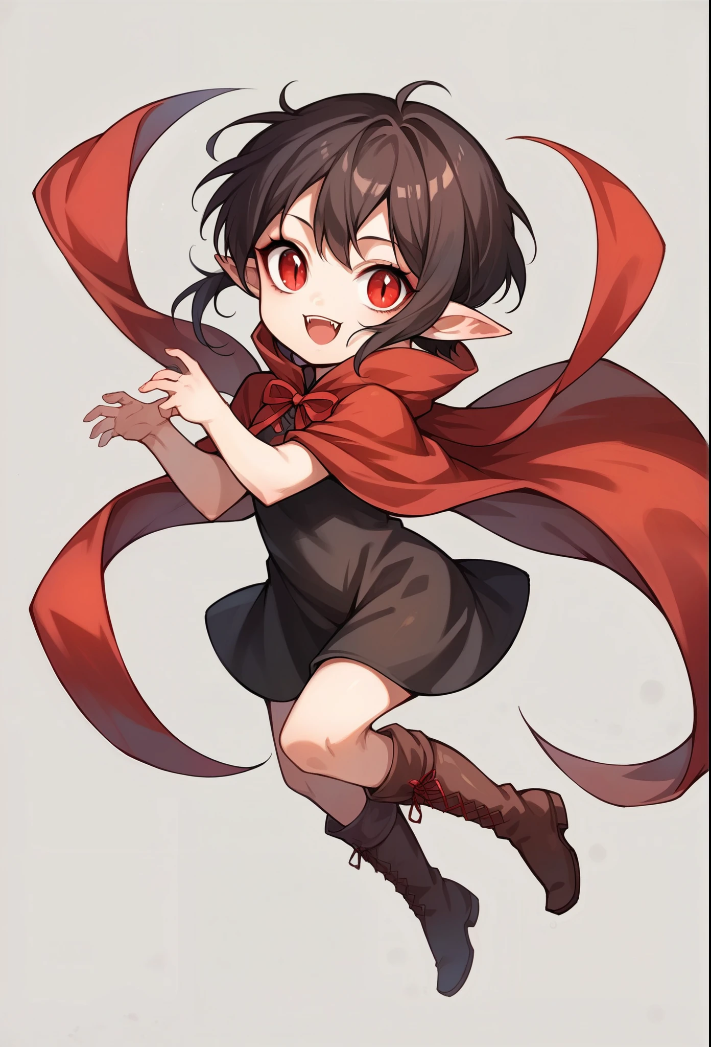 score_9, score_8_up, score_7_up, score_6_up, score_5_up, score_4_up, (SFW, rating_safe), source_anime, chibi style, cute, 1girl, vampire girl, smiling, red eyes, beautiful eyes, dark hair, short hair, (red ribbons), pointy ears, short black dress, red cloak, high boots, jumping, simple background