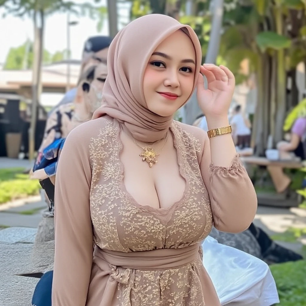 Portrait of a beautiful young Indonesian woman wearing a luxurious Muslim dress, 8k, masterpiece, best quality, ultra-detailed, (ultra realistic:1.3), (clean photo:1.2), (ultra high resuliton:1.3), (soft lighting:1.2), (iphone mobile phone CAMERA:1.3), (perfect image coloring), (bright lighting:1.2), indonesian face, adult face, perfect Indonesian woman, aged 30, chest forward, sexy slendeer body, slim waist, wearing tight knit shirt, high waist culottes, long hijab, full body looking at the camera, massive F-Cup breasts, thick lips, pink lipstick, [big breasts], selling starbuck drinks on a cart, in the market, many people are buying them, serving customers, hand pose counting money income, money, 100 thousand Indonesian rupiah