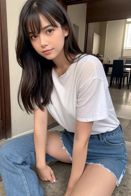 ((Highest quality, 8k, masterpiece: 1.3、Full Body Shot、Spread your legs、No pants、Very good、barefoot)), sharp: 1.2, Perfect Body Beauty: 1.4, Slim Abs: 1.2, ((Leaning forward、 Big Breasts: 1.2)), (Open shirt: 1.3), Close your face: 1.5, (((Highly detailed face and skin texture, Beautiful Eyes, double eyelid))), Side view of the camera