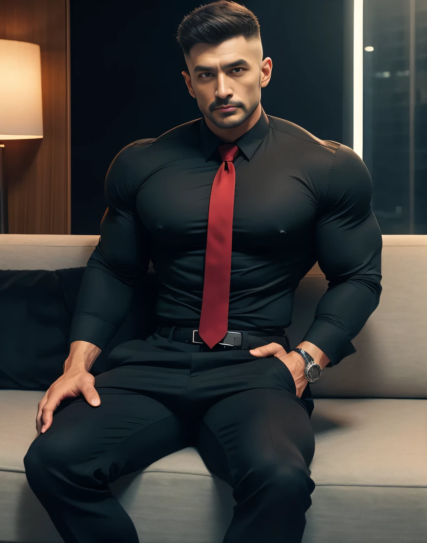 Hot Masculine strong hunk with muscular body, wide shoulders, wide chest, very wide muscular biceps, arms, muscular very wide thighs, legs,... Gray eyes... masuculine bodybuilder. tall... handsome... Olive skin... Short stubble beard... medium large hair... black suit, laying on sofa, from above view