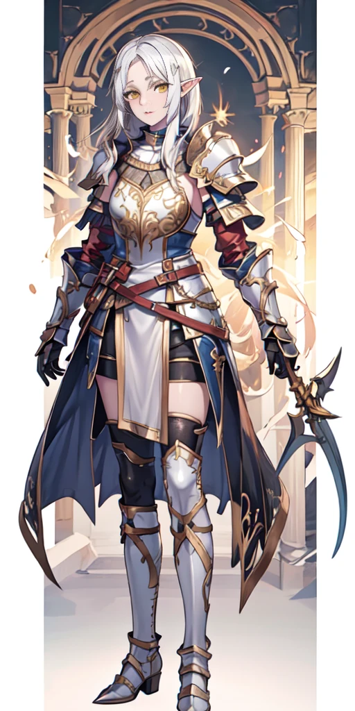 (((8k,Best Quality)), Masterpiece, girl, holding sword, combat pose, gauntlet, full body, (cropped shoulders), ((highleg leotard)), ((leotard, chest plate armor)) solo, ((gauntlets)), ((greaves)), sarong, bare shoulders, belt pouch, long puffy sleeves, ((white background)),